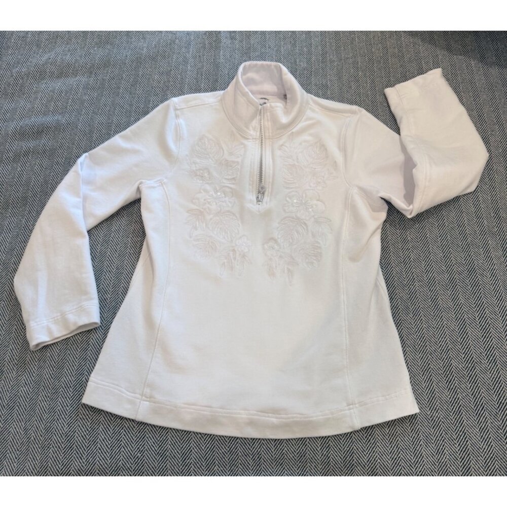 Tommy Bahama White Floral Embroidered Half-Zip Pullover Sweatshirt S